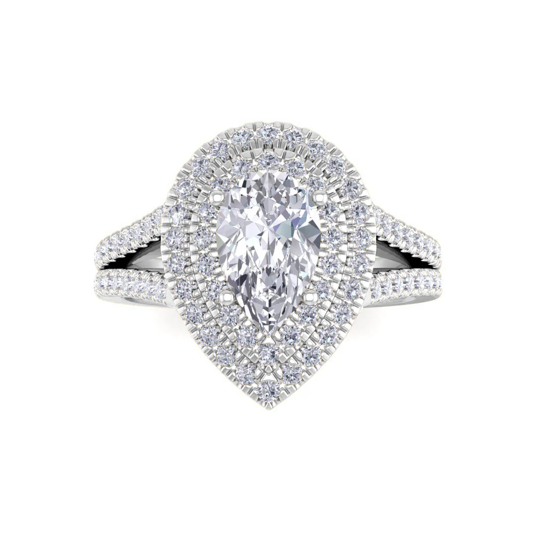9k White Gold 1.0ct Pear Lab Diamond Double Halo Engagement Ring 1.5tdw