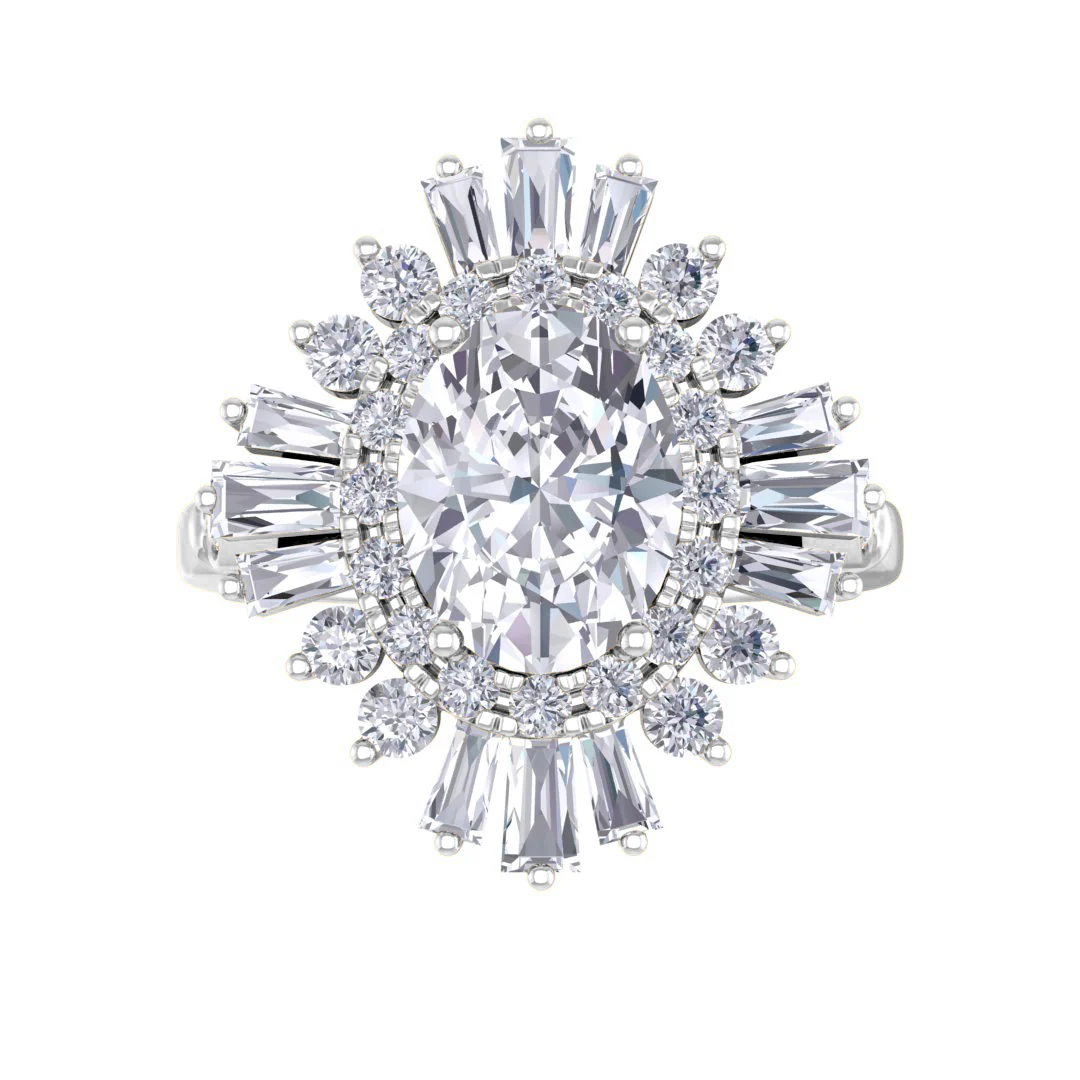 9k White Gold 1.5ct Oval Lab Diamond Baguette Starburst Engagement Ring 2.0tdw