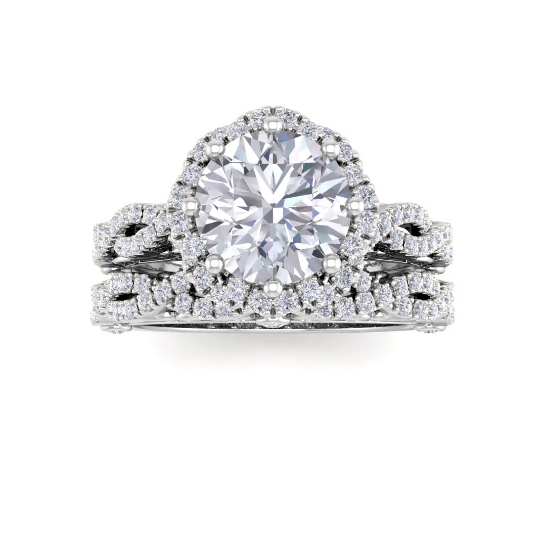 9k White Gold 1.5ct Round Brilliant Moissanite Flower Halo Bridal Set 0.5tdw