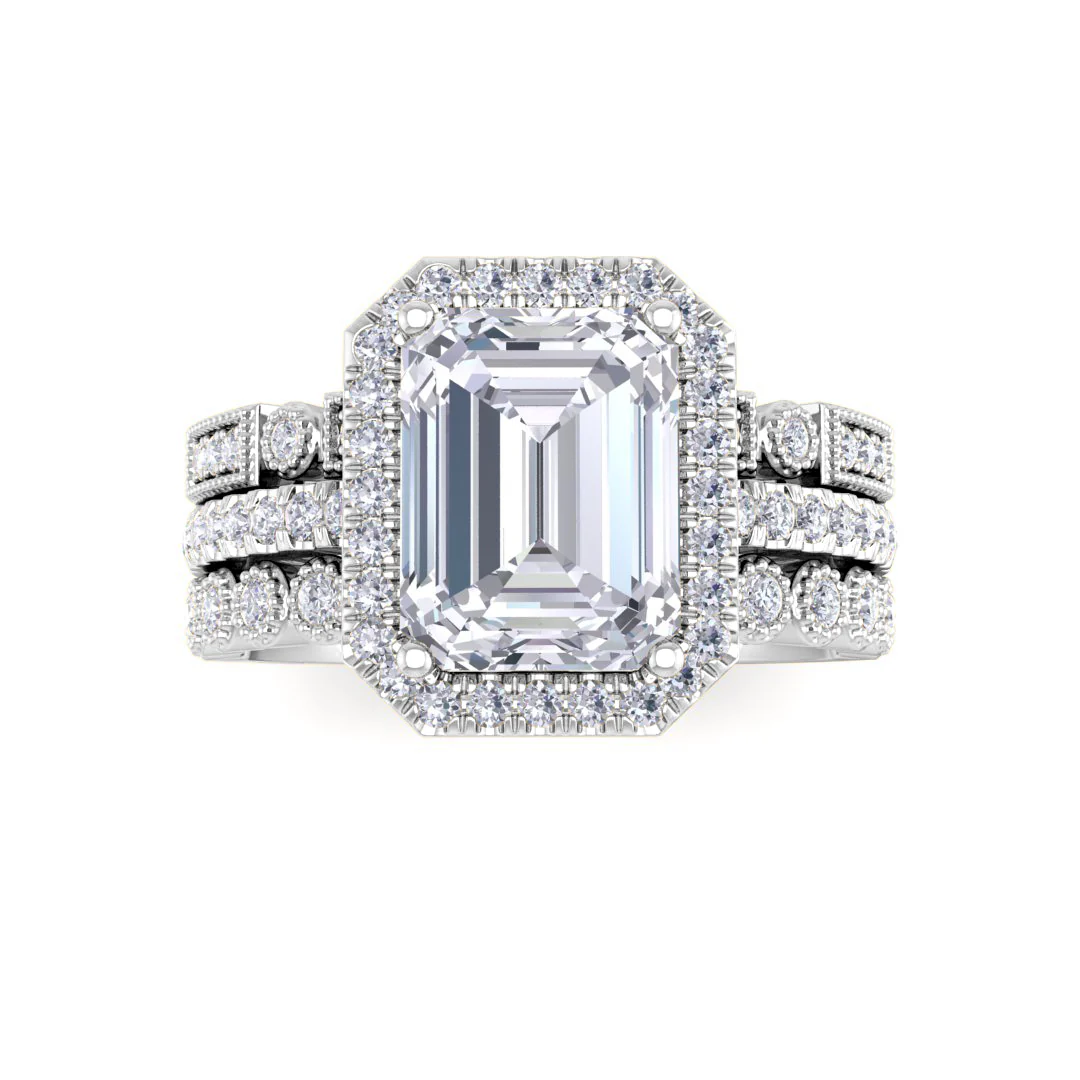 9k White Gold 2.0ct Emerald Cut Moissanite Halo Bridal Set 0.5tdw