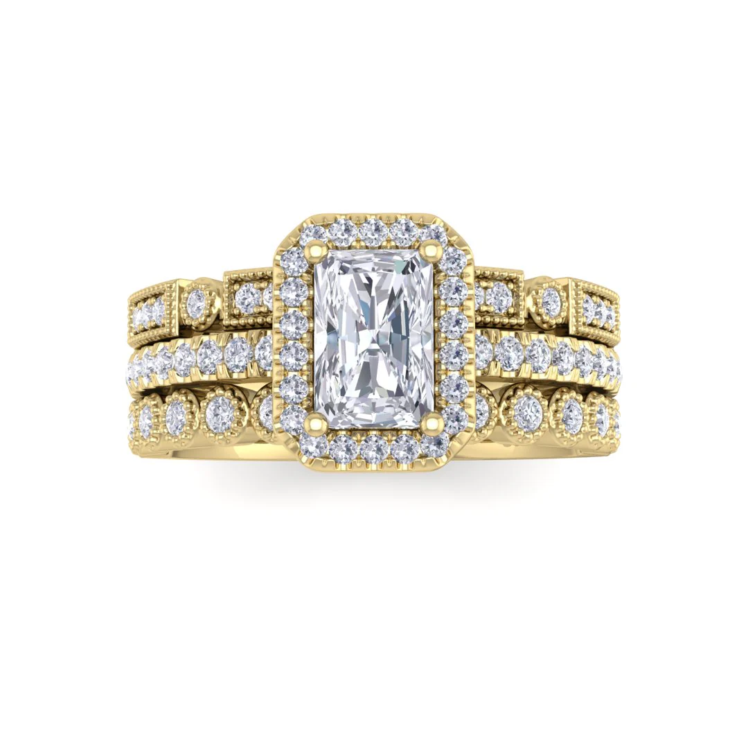 9k Yellow Gold 0.75ct Emerald Cut Moissanite Halo Bridal Set 0.5tdw
