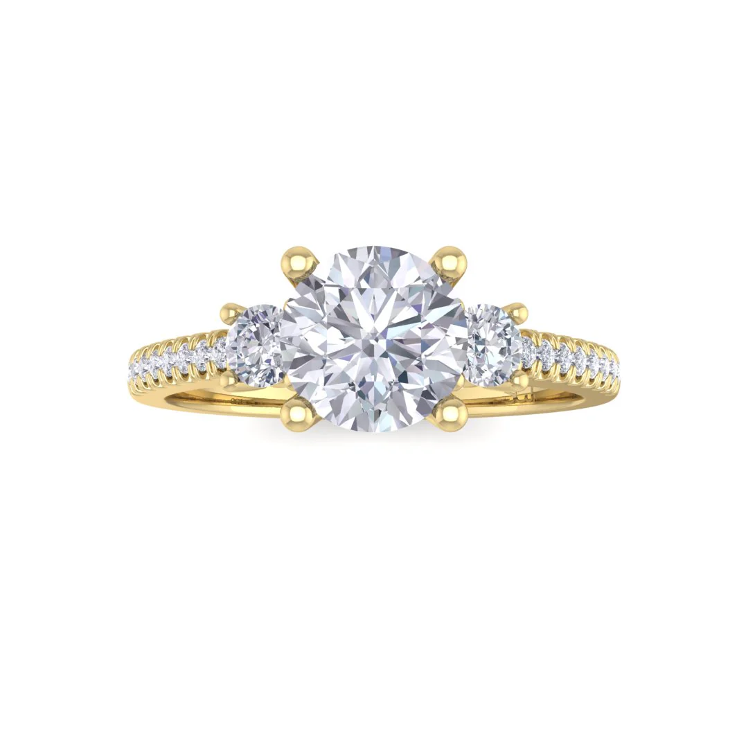 9k Yellow Gold 0.75ct Round Brilliant Moissanite Trilogy Shoulders Engagement Ring 0.3tdw