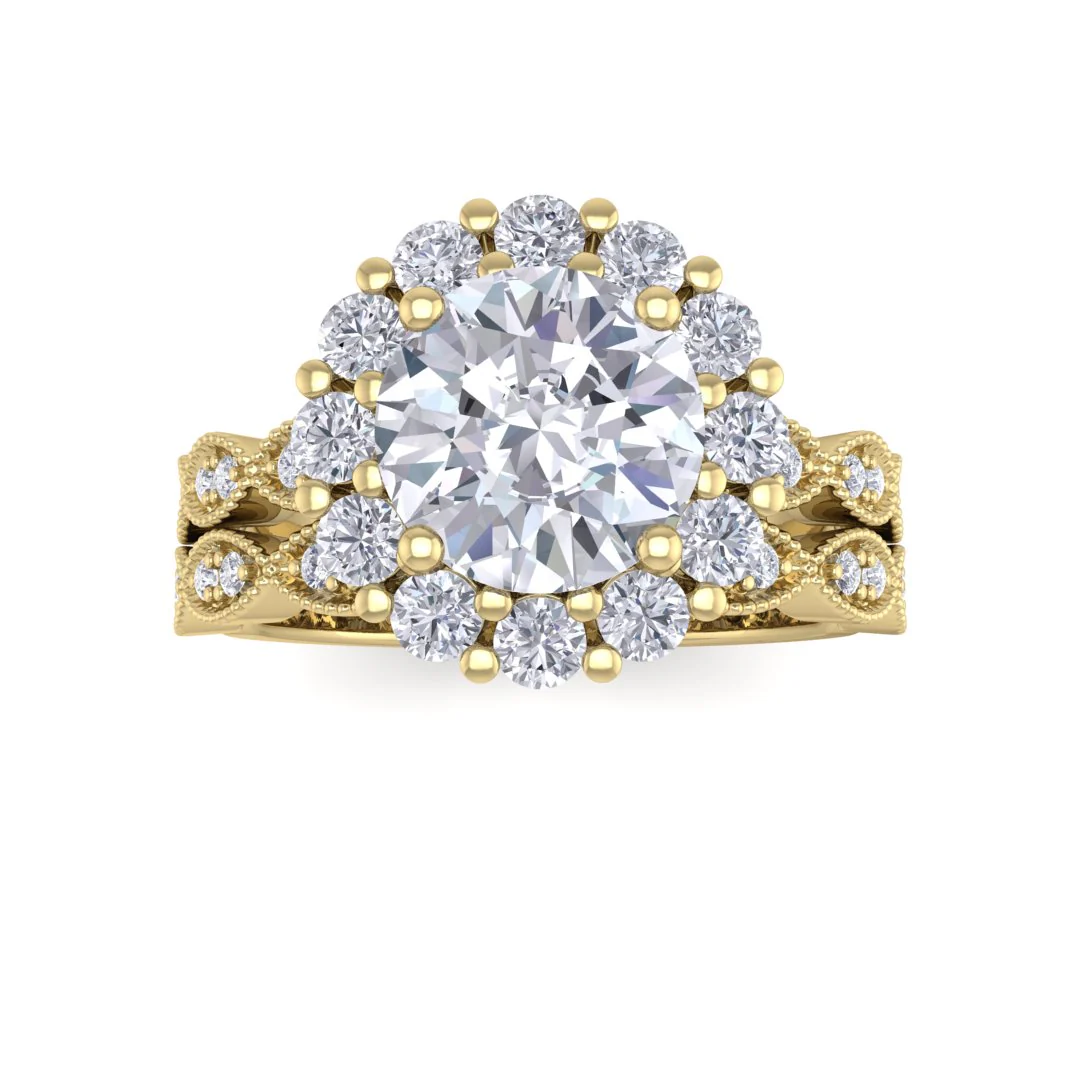 9k Yellow Gold 1.5ct Round Brilliant Lab Diamond Halo Bridal Set 2.05tdw