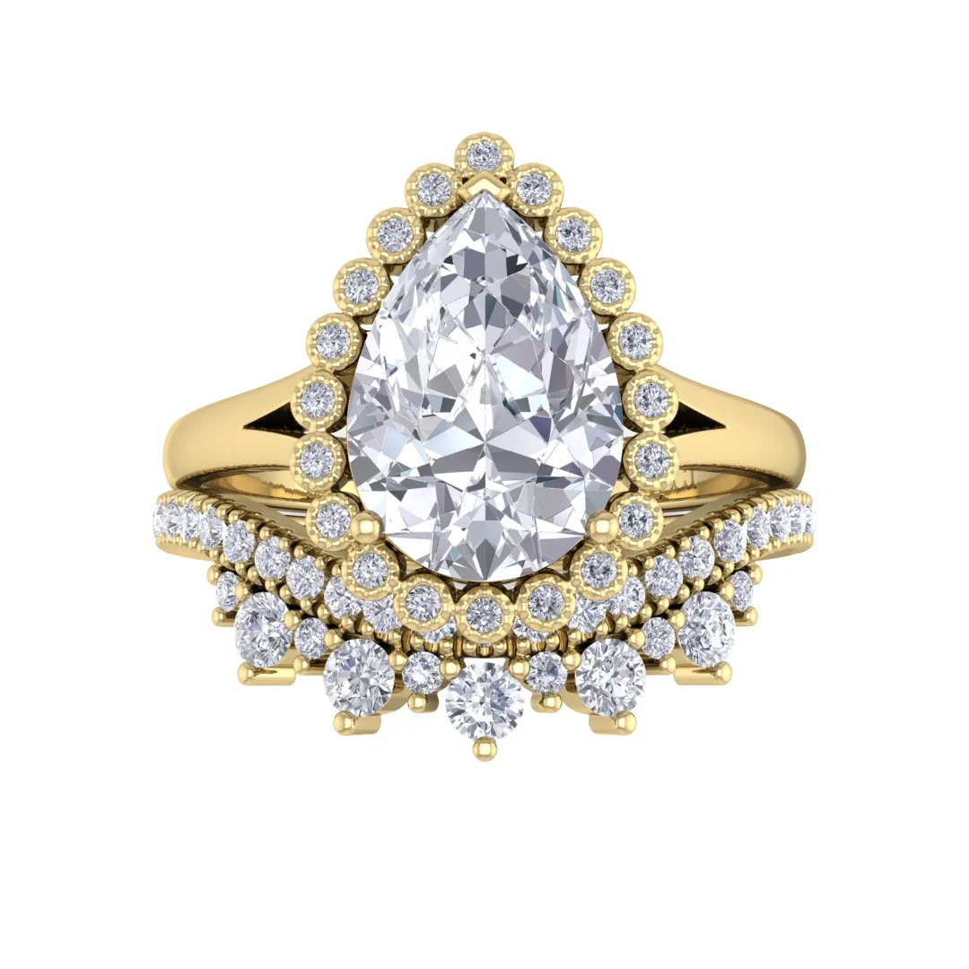 9k Yellow Gold 2.0ct Pear Moissanite Halo Tiara Bridal Set 0.4tdw
