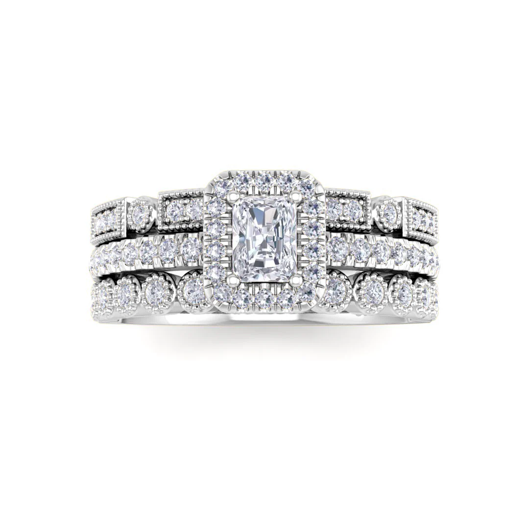 Platinum 0.33ct Emerald Cut Moissanite Halo Bridal Set 0.5tdw